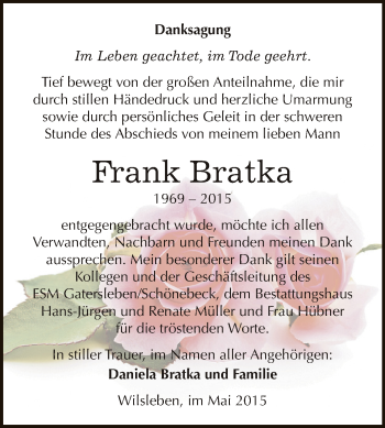 Traueranzeige von Frank Bratka von Super Sonntag Aschersleben