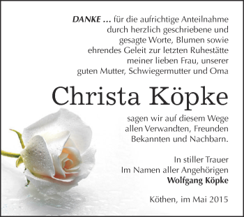 Traueranzeige von Christa Köpke von WVG - Wochenspiegel Dessau / Köthen