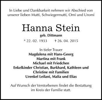 Traueranzeige von Hanna Stein von Mitteldeutsche Zeitung Dessau-Roßlau