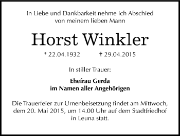 Traueranzeige von Horst Winkler von Mitteldeutsche Zeitung Merseburg/Querfurt