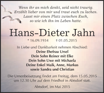 Traueranzeige von Hans-Dieter Jahn von Super Sonntag Wittenberg