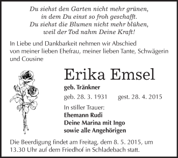 Traueranzeige von Erika Emsel von WVG - Wochenspiegel Merseburg