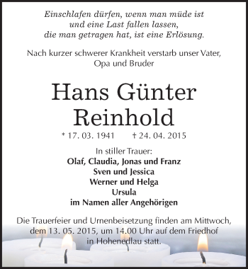 Traueranzeige von Hans Günter Reinhold von Mitteldeutsche Zeitung Bernburg