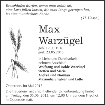 Traueranzeige von Max Warzügel von WVG - Wochenspiegel Quedlinburg