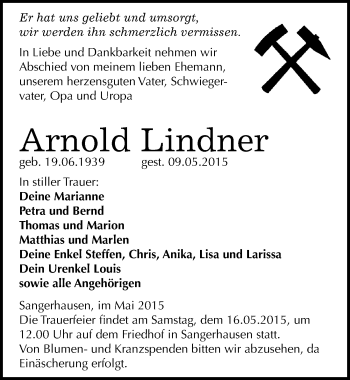Traueranzeige von Arnold Lindner von Mitteldeutsche Zeitung Sangerhausen