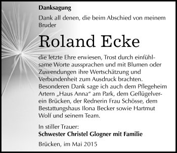 Traueranzeige von Roland Ecke von Mitteldeutsche Zeitung Sangerhausen