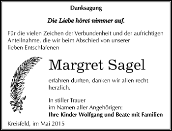Traueranzeige von Margret Sagel von Mitteldeutsche Zeitung Mansfelder Land