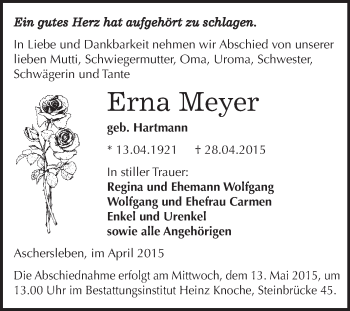 Traueranzeige von Erna Meyer von Super Sonntag Aschersleben