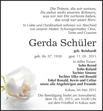 Traueranzeige von Gerda Schüler von Mitteldeutsche Zeitung Wittenberg