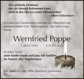Traueranzeige von Wernfried Poppe von Super Sonntag Zeitz