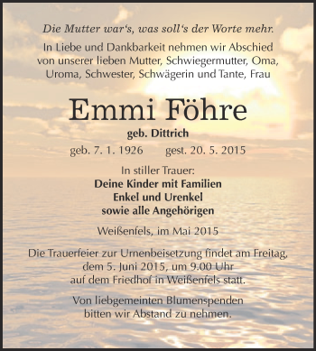 Traueranzeige von Emmi Föhre von Super Sonntag Merseburg