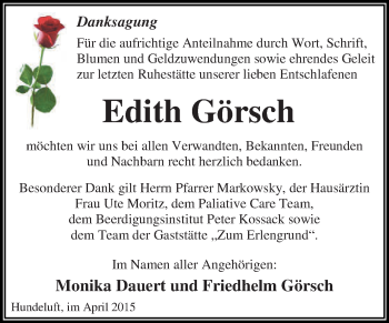 Traueranzeige von Edith Görsch von WVG - Wochenspiegel Dessau / Köthen