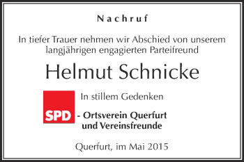 Traueranzeige von Helmut Schnicke von Super Sonntag Merseburg