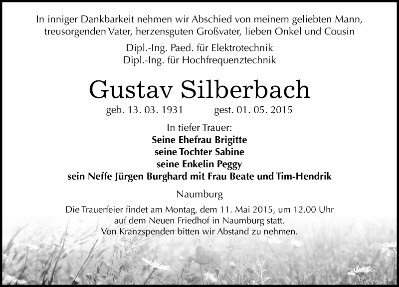  Traueranzeige für Gustav Silberbach vom 06.05.2015 aus Mitteldeutsche Zeitung Naumburg/Nebra