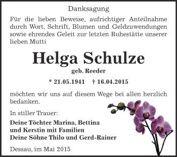 Traueranzeige von Helga Schulze von WVG - Wochenspiegel Dessau / Köthen