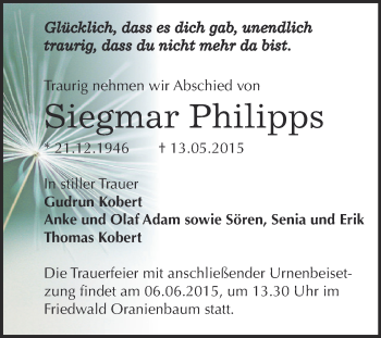 Traueranzeige von Siegmar Philipps von WVG - Wochenspiegel Dessau / Köthen