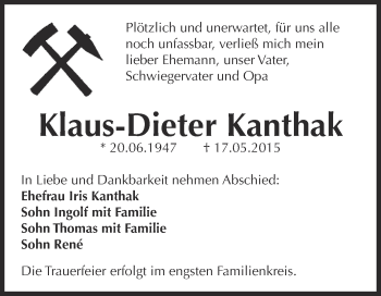 Traueranzeige von Klaus-Dieter Kanthak von WVG - Wochenspiegel Dessau / Köthen