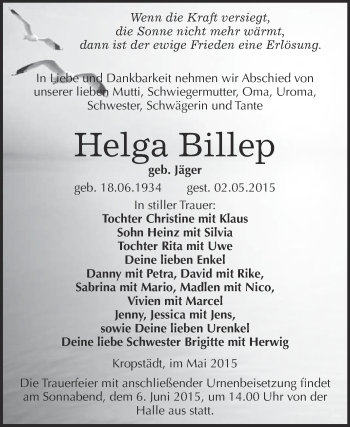 Traueranzeige von Helga Billep von Super Sonntag Wittenberg