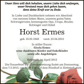 Traueranzeige von Horst Ermes von Super Sonntag SGH Mansf. Land