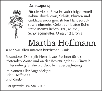 Traueranzeige von Martha Hoffmann von Super Sonntag Quedlinburg