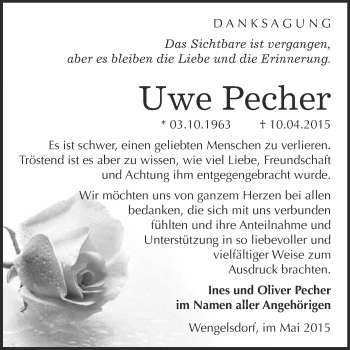 Traueranzeige von Uwe Pecher von Super Sonntag Merseburg
