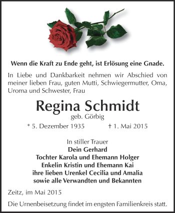 Traueranzeige von Regina Schmidt von Super Sonntag Zeitz