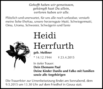Traueranzeige von Heidi Herrfurth von Mitteldeutsche Zeitung Merseburg/Querfurt