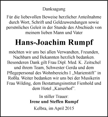 Traueranzeige von Hans-Joachim Rumpf von Mitteldeutsche Zeitung Sangerhausen
