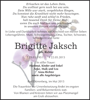 Traueranzeige von Brigitte Jaksch von Super Sonntag Merseburg