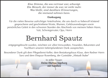 Traueranzeige von Bernhard Spautz von WVG - Wochenspiegel NMB / WSF / ZTZ