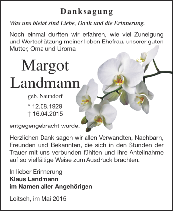 Traueranzeige von Margot Landmann von Super Sonntag Zeitz