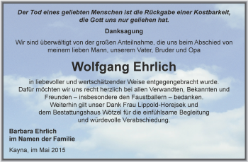 Traueranzeige von Wolfgang Ehrlich von Super Sonntag Zeitz