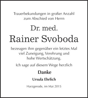 Traueranzeige von Rainer Svoboda von Super Sonntag Quedlinburg
