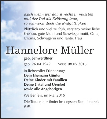 Traueranzeige von Hannelore Müller von WVG - Wochenspiegel NMB / WSF / ZTZ