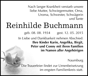 Traueranzeige von Reinhilde Buchmann von Mitteldeutsche Zeitung Naumburg/Nebra