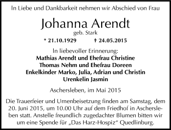 Traueranzeige von Johanna Arendt von Mitteldeutsche Zeitung Aschersleben