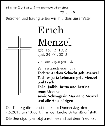 Traueranzeige von Erich Menzel von Mitteldeutsche Zeitung Mansfelder Land