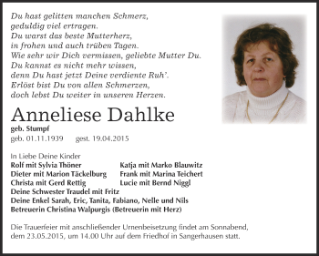 Traueranzeige von Anneliese Dahlke von Super Sonntag SGH Mansf. Land