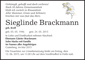 Traueranzeige von Sieglinde Brackmann von Mitteldeutsche Zeitung Halle/Saalkreis