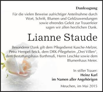 Traueranzeige von Lianne Staude von WVG - Wochenspiegel Merseburg