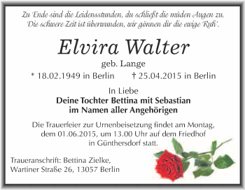 Traueranzeige von Elvira Walter von Super Sonntag Merseburg