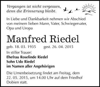 Traueranzeige von Manfred Riedel von Mitteldeutsche Zeitung Wittenberg