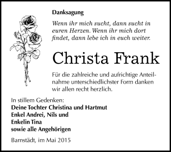 Traueranzeige von Christa Frank von WVG - Wochenspiegel Merseburg