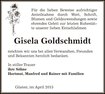 Traueranzeige von Gisela Goldschmidt von Super Sonntag Bernburg