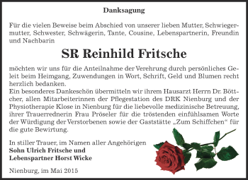 Traueranzeige von Reinhild Fritsche von Super Sonntag Bernburg