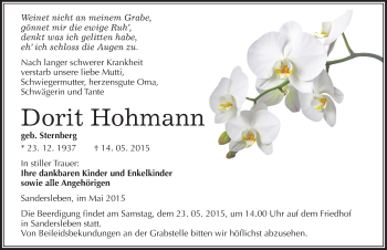 Traueranzeige von Dorit Hohmann von Mitteldeutsche Zeitung Mansfelder Land
