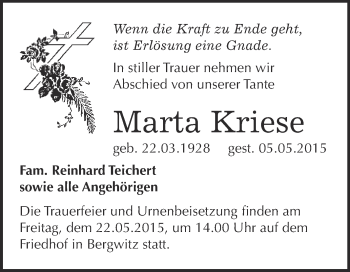 Traueranzeige von Marta Kriese von WVG - Wochenspiegel Wittenberg