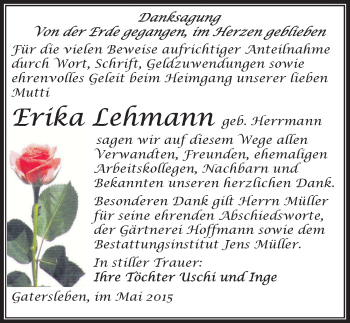 Traueranzeige von Erika Lehmann von Mitteldeutsche Zeitung Aschersleben
