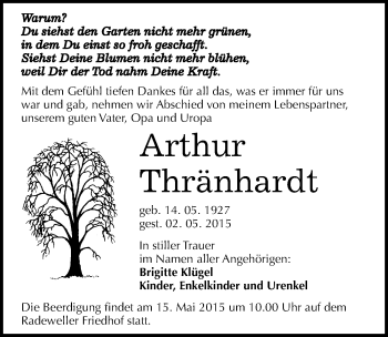 Traueranzeige von Arthur Thränhardt von Mitteldeutsche Zeitung