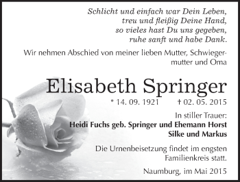 Traueranzeige von Elisabeth Springer von Mitteldeutsche Zeitung Naumburg/Nebra